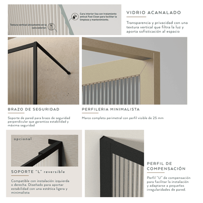 Mampara Ducha Fija Acanalado | Panel Fijo Ducha Vidrio Acanalado 8mm Antical y 195cm de Altura| Mampara Walk In Enmarcada Perfil Oro