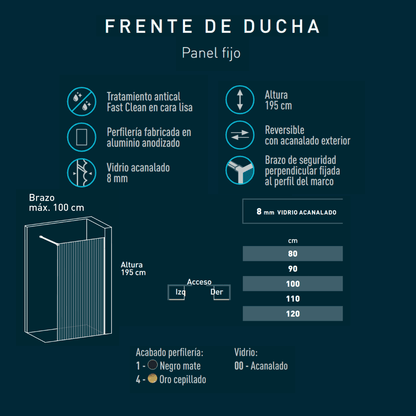 Mampara Ducha Fija Acanalado | Panel Fijo Ducha Vidrio Acanalado 8mm Antical y 195cm de Altura| Mampara Walk In Enmarcada Perfil Oro