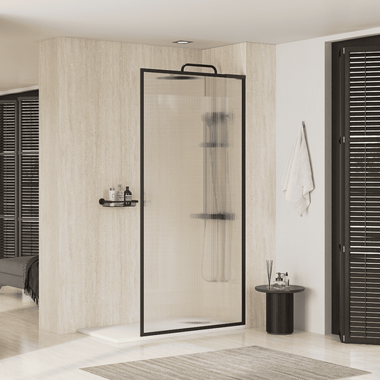 Mampara Ducha Fija Acanalado | Panel Fijo Ducha Vidrio Acanalado 8mm Antical y 195cm de Altura| Mampara Walk In Enmarcada Perfil Negro