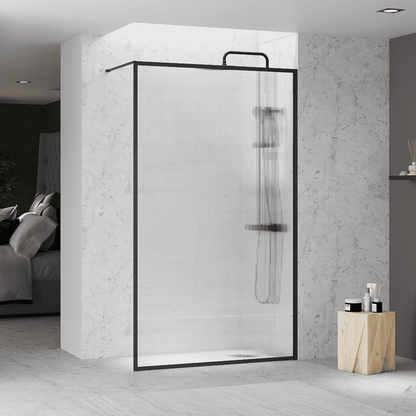 Mampara Ducha Fija Acanalado | Panel Fijo Ducha Vidrio Acanalado 8mm Antical y 195cm de Altura| Mampara Walk In Enmarcada Perfil Negro