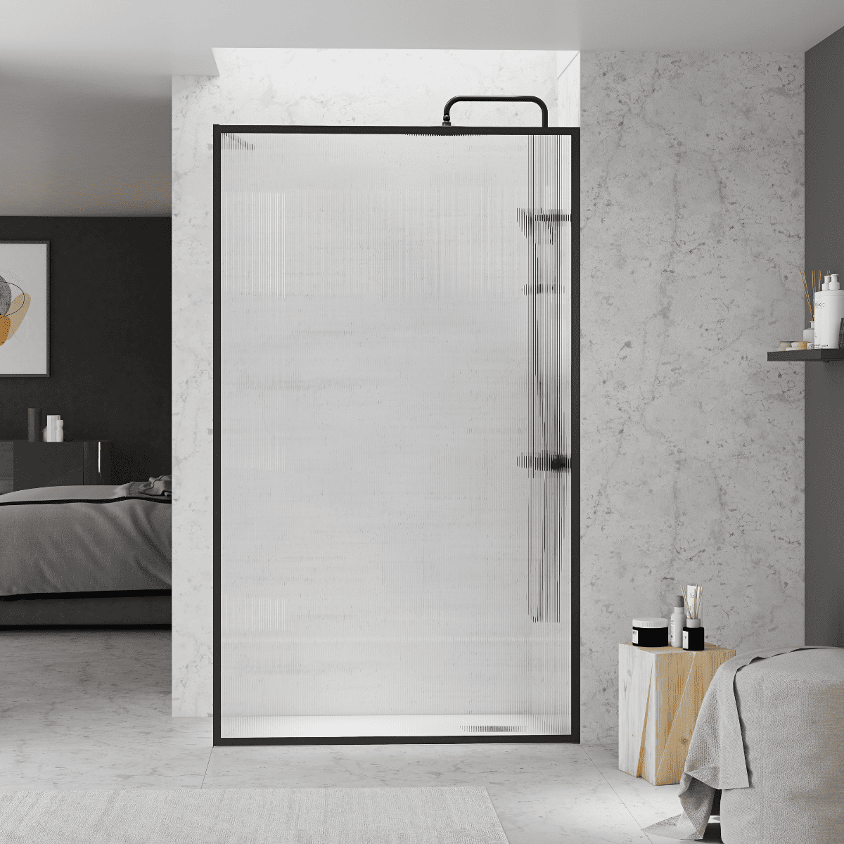 Mampara Ducha Fija Acanalado | Panel Fijo Ducha Vidrio Acanalado 8mm Antical y 195cm de Altura| Mampara Walk In Enmarcada Perfil Negro