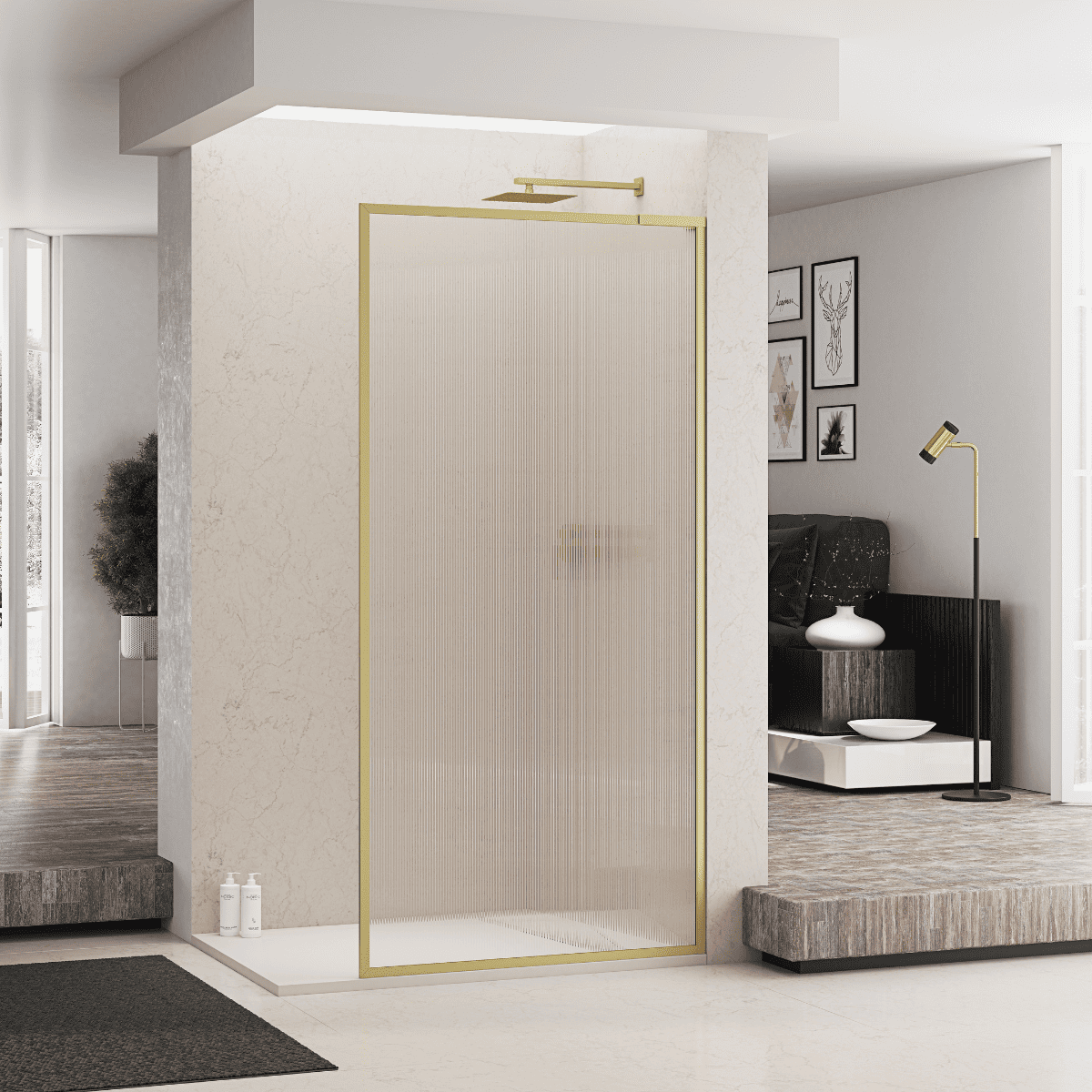 Mampara Ducha Fija Acanalado | Panel Fijo Ducha Vidrio Acanalado 8mm Antical y 195cm de Altura| Mampara Walk In Enmarcada Perfil Oro