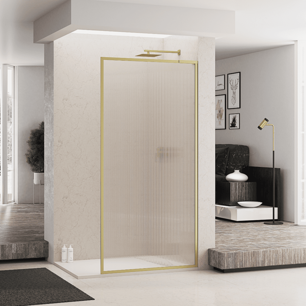 Mampara Ducha Fija Acanalado | Panel Fijo Ducha Vidrio Acanalado 8mm Antical y 195cm de Altura| Mampara Walk In Enmarcada Perfil Oro - 