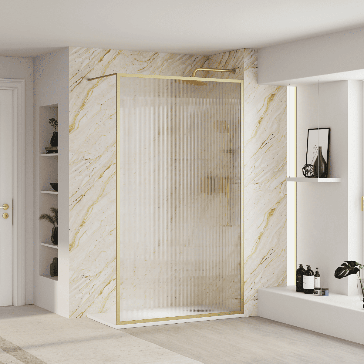 Mampara Ducha Fija Acanalado | Panel Fijo Ducha Vidrio Acanalado 8mm Antical y 195cm de Altura| Mampara Walk In Enmarcada Perfil Oro