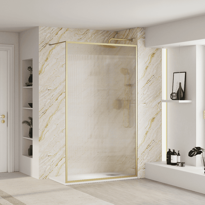 Mampara Ducha Fija Acanalado | Panel Fijo Ducha Vidrio Acanalado 8mm Antical y 195cm de Altura| Mampara Walk In Enmarcada Perfil Oro