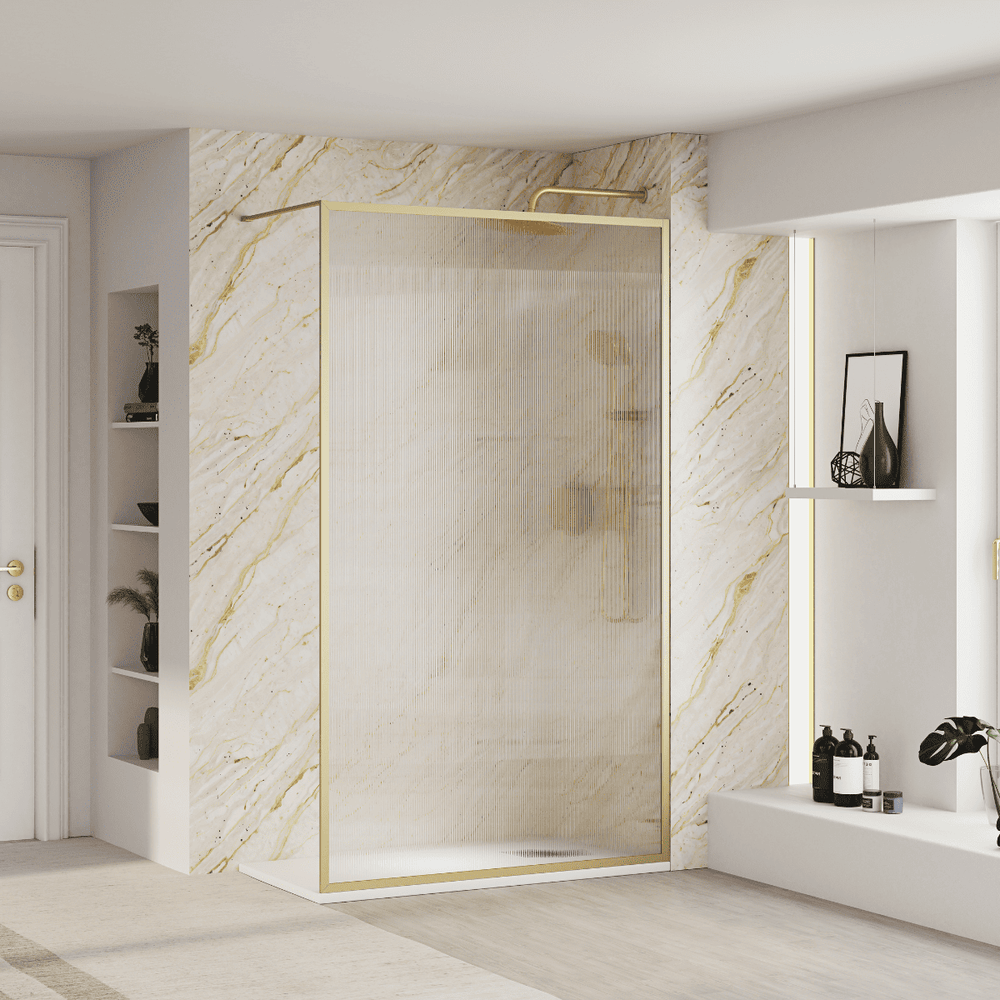 Mampara Ducha Fija Acanalado | Panel Fijo Ducha Vidrio Acanalado 8mm Antical y 195cm de Altura| Mampara Walk In Enmarcada Perfil Oro - 