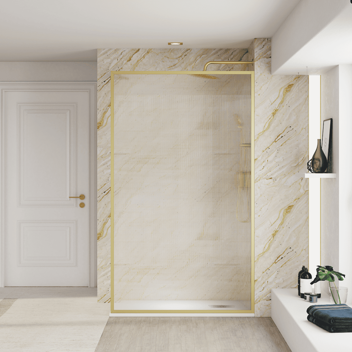 Mampara Ducha Fija Acanalado | Panel Fijo Ducha Vidrio Acanalado 8mm Antical y 195cm de Altura| Mampara Walk In Enmarcada Perfil Oro