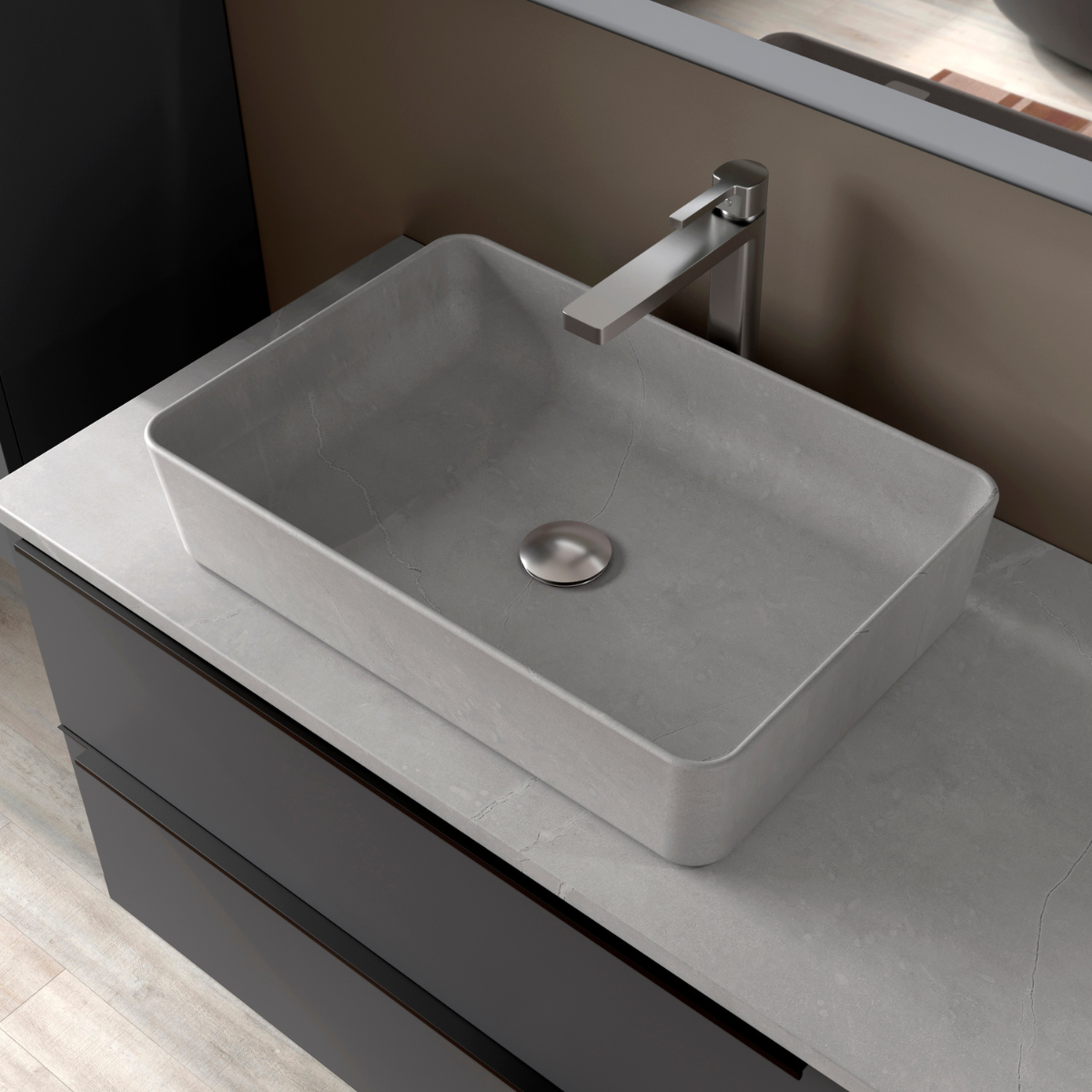 Curazao Lavabo Sobre Encimera Resina y Carga Mineral Gris Cemento | Lavamanos Baño para Encimera Rectangular | 51x34cm