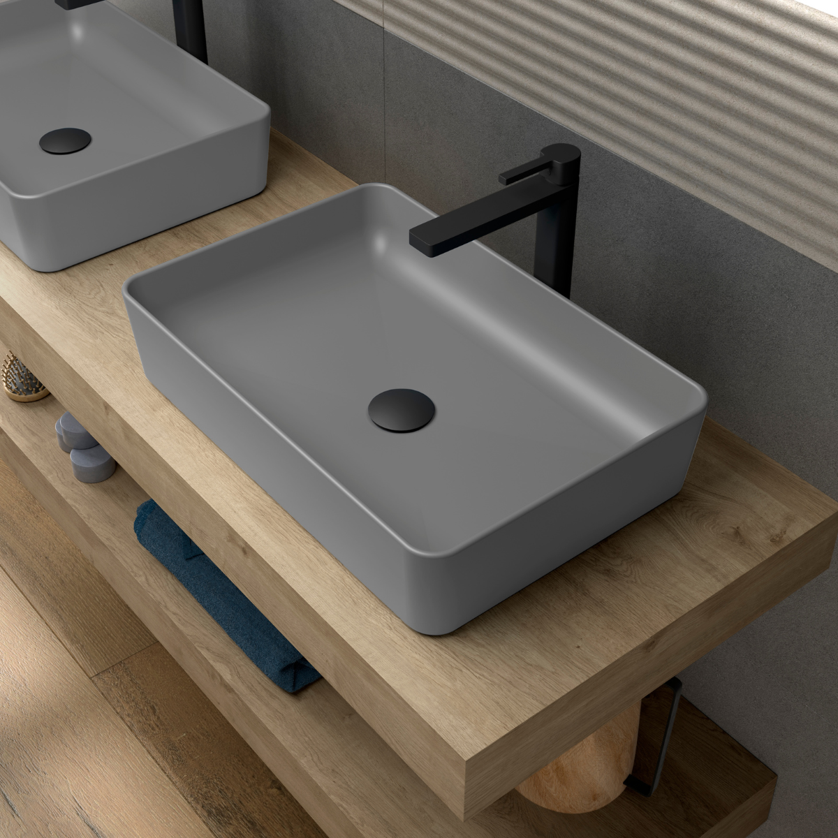 Curazao Lavabo Sobre Encimera Resina y Carga Mineral Gris | Lavamanos Baño para Encimera Rectangular | 51x34cm