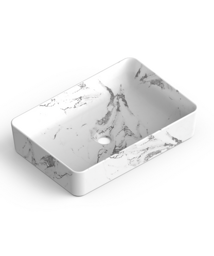 Curazao Lavabo Sobre Encimera Resina y Carga Mineral Carrara | Lavamanos Baño para Encimera Rectangular | 51x34cm
