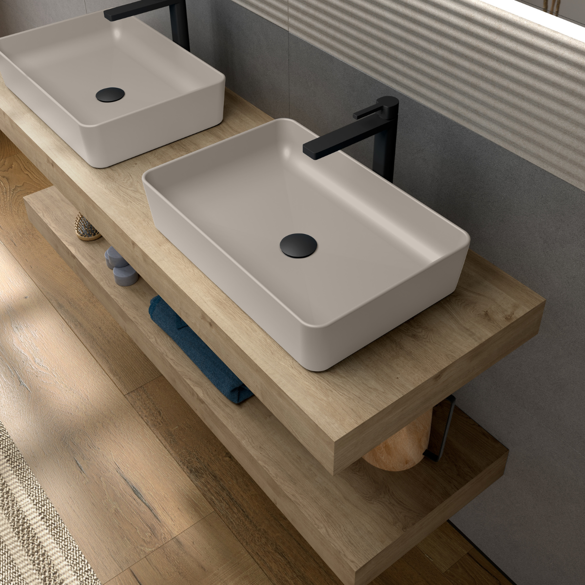 Curazao Lavabo Sobre Encimera Resina y Carga Mineral Moka | Lavamanos Baño para Encimera Rectangular | 51x34cm