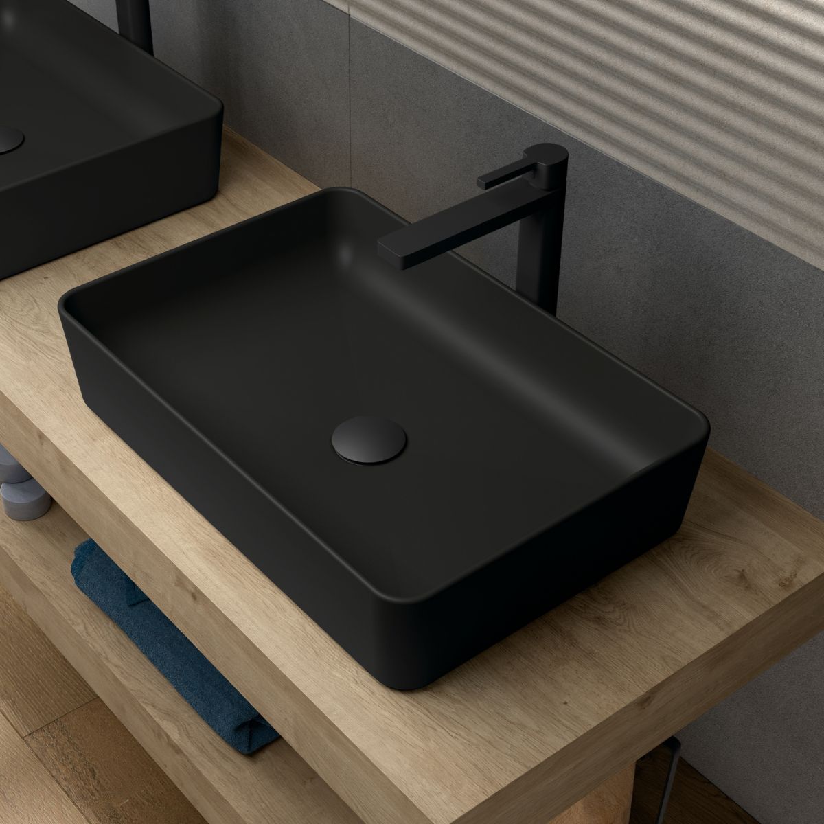 Curazao Lavabo Sobre Encimera Resina y Carga Mineral Negro | Lavamanos Baño para Encimera Rectangular | 51x34cm