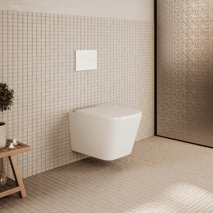 Aten Pack Inodoro Suspendido Blanco Brillo y Cisterna Empotrada Autoportante con Pulsador Blanco | Inodoro Suspendido Blanco Brillo Rimless Sin Borde de Fondo Reducido y Asiento Extrafino con Caida Amortiguada