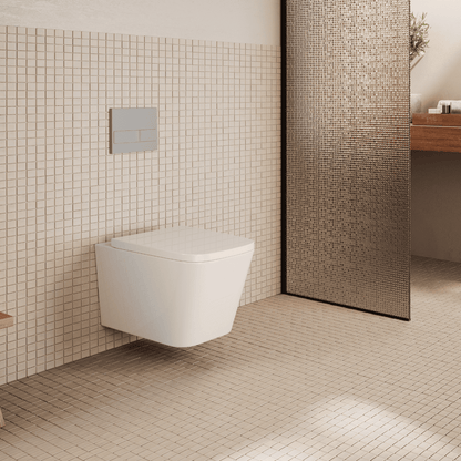 Aten Pack Inodoro Suspendido Blanco Brillo y Cisterna Empotrada Autoportante con Pulsador Cromo | Inodoro Suspendido Blanco Brillo Rimless Sin Borde de Fondo Reducido y Asiento Extrafino con Caida Amortiguada