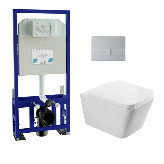 Aten Pack Inodoro Suspendido Blanco Brillo y Cisterna Empotrada Autoportante con Pulsador Cromo | Inodoro Suspendido Blanco Brillo Rimless Sin Borde de Fondo Reducido y Asiento Extrafino con Caida Amortiguada