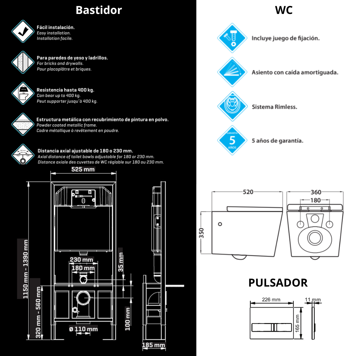 Aten Pack Inodoro Suspendido Blanco Brillo y Cisterna Empotrada Autoportante con Pulsador Cromo | Inodoro Suspendido Blanco Brillo Rimless Sin Borde de Fondo Reducido y Asiento Extrafino con Caida Amortiguada