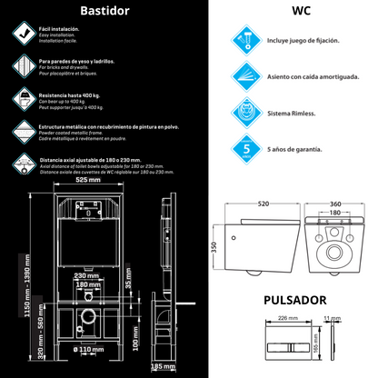 Aten Pack Inodoro Suspendido Blanco Brillo y Cisterna Empotrada Autoportante con Pulsador Blanco | Inodoro Suspendido Blanco Brillo Rimless Sin Borde de Fondo Reducido y Asiento Extrafino con Caida Amortiguada