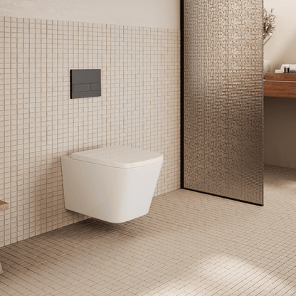 Aten Pack Inodoro Suspendido Blanco Brillo y Cisterna Empotrada Autoportante con Pulsador Negro | Inodoro Suspendido Blanco Brillo Rimless Sin Borde de Fondo Reducido y Asiento Extrafino con Caida Amortiguada