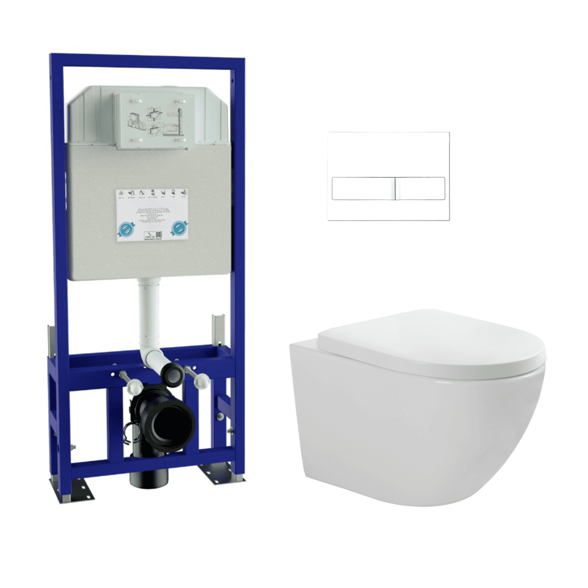 Pack Inodoro Suspendido Blanco Brillo y Cisterna Empotrada Autoportante con Pulsador Blanco | Inodoro Suspendido Blanco Brillo Rimless Sin Borde de Fondo Reducido y Asiento Extrafino con Caida Amortiguada