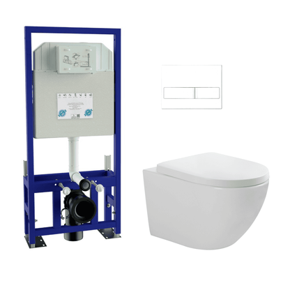 Pack Inodoro Suspendido Blanco Brillo y Cisterna Empotrada Autoportante con Pulsador Blanco | Inodoro Suspendido Blanco Brillo Rimless Sin Borde de Fondo Reducido y Asiento Extrafino con Caida Amortiguada