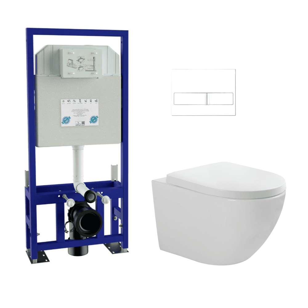 Pack Inodoro Suspendido Blanco Brillo y Cisterna Empotrada Autoportante con Pulsador Blanco | Inodoro Suspendido Blanco Brillo Rimless Sin Borde de Fondo Reducido y Asiento Extrafino con Caida Amortiguada - 