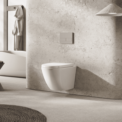 Pack Inodoro Suspendido Blanco Brillo y Cisterna Empotrada Autoportante con Pulsador Cromo | Inodoro Suspendido Blanco Brillo Rimless Sin Borde de Fondo Reducido y Asiento Extrafino con Caida Amortiguada