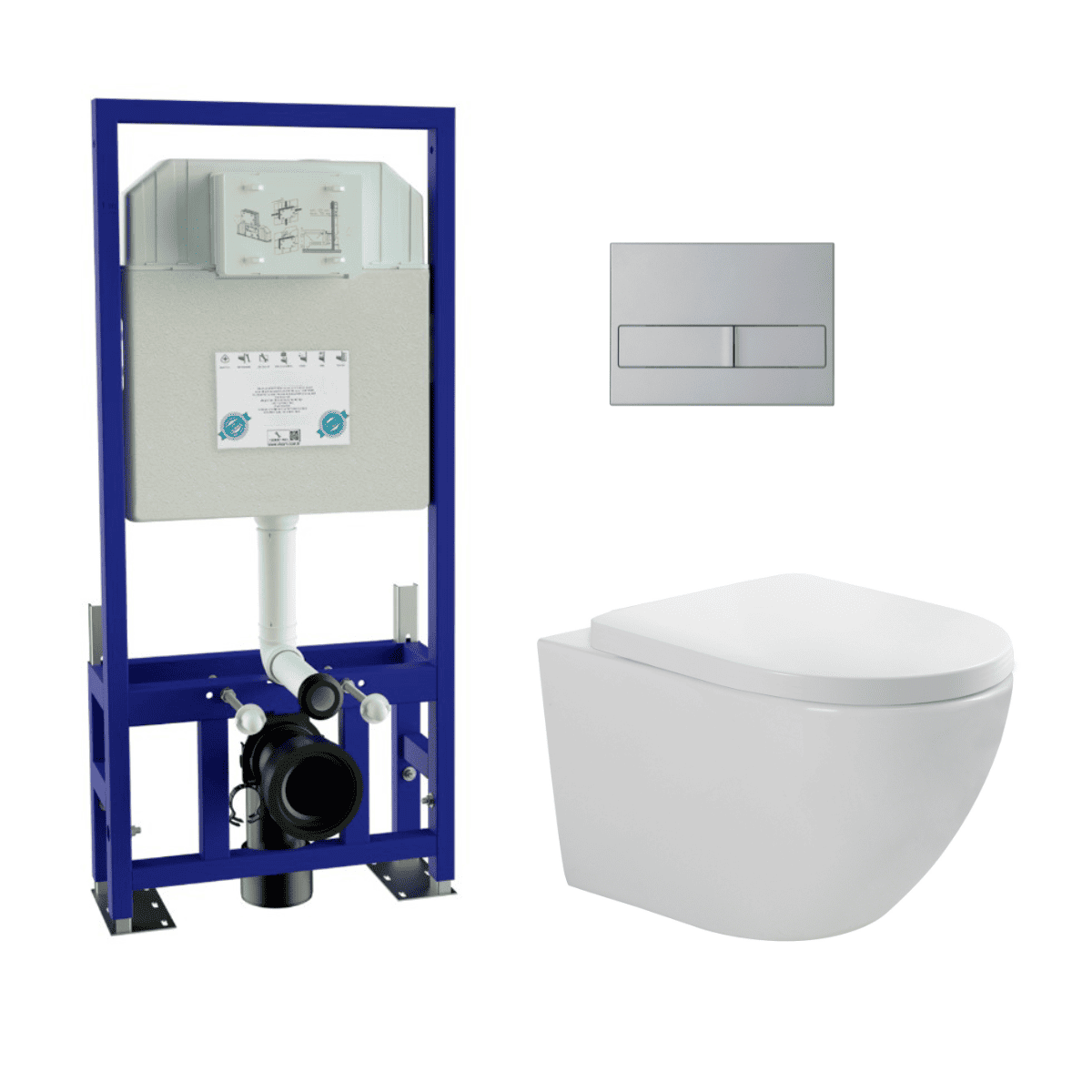 Pack Inodoro Suspendido Blanco Brillo y Cisterna Empotrada Autoportante con Pulsador Cromo | Inodoro Suspendido Blanco Brillo Rimless Sin Borde de Fondo Reducido y Asiento Extrafino con Caida Amortiguada