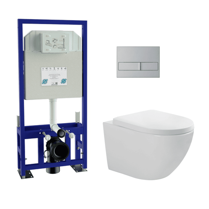 Pack Inodoro Suspendido Blanco Brillo y Cisterna Empotrada Autoportante con Pulsador Cromo | Inodoro Suspendido Blanco Brillo Rimless Sin Borde de Fondo Reducido y Asiento Extrafino con Caida Amortiguada