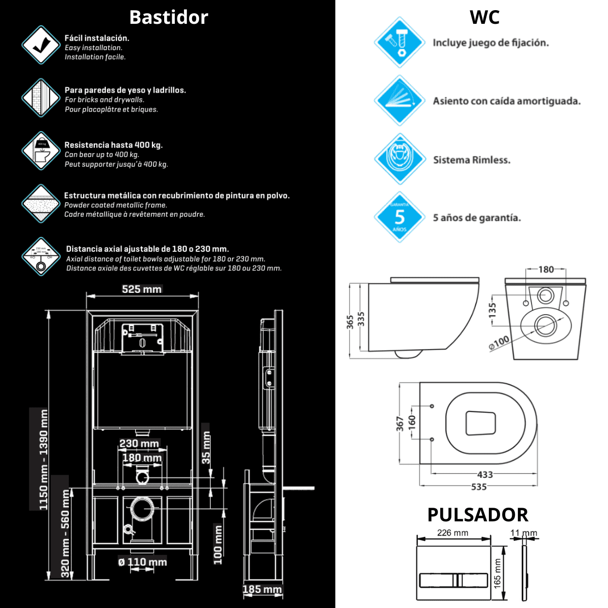 Pack Inodoro Suspendido Blanco Brillo y Cisterna Empotrada Autoportante con Pulsador Negro | Inodoro Suspendido Blanco Brillo Rimless Sin Borde de Fondo Reducido y Asiento Extrafino con Caida Amortiguada