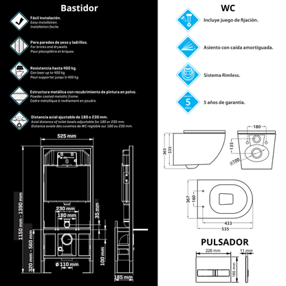 Pack Inodoro Suspendido Blanco Brillo y Cisterna Empotrada Autoportante con Pulsador Blanco | Inodoro Suspendido Blanco Brillo Rimless Sin Borde de Fondo Reducido y Asiento Extrafino con Caida Amortiguada
