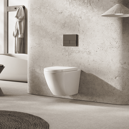 Pack Inodoro Suspendido Blanco Brillo y Cisterna Empotrada Autoportante con Pulsador Negro | Inodoro Suspendido Blanco Brillo Rimless Sin Borde de Fondo Reducido y Asiento Extrafino con Caida Amortiguada