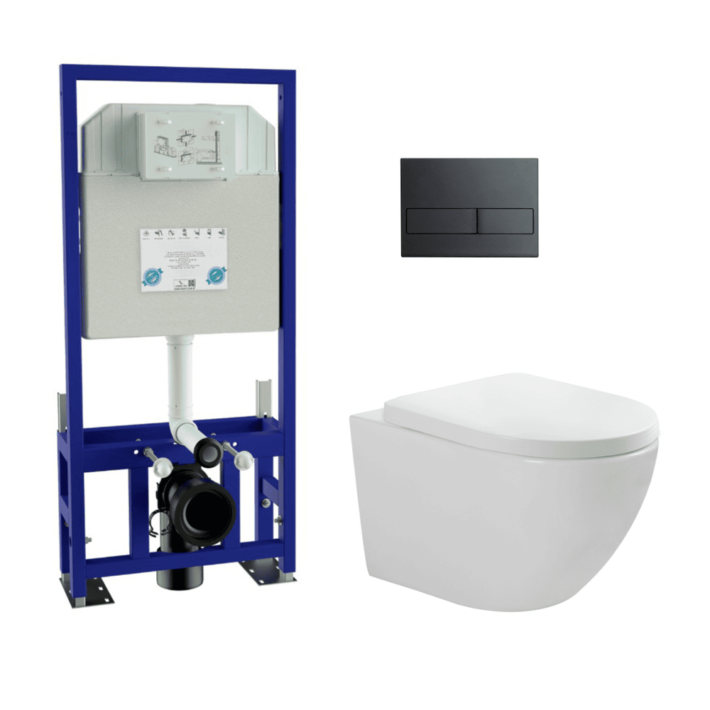 Gin Pack Wall-hung Toilet | Glossy White | Concealed Cistern with Push Button | Reduced Depth Toilet and Extra-thin Seat | Black - 