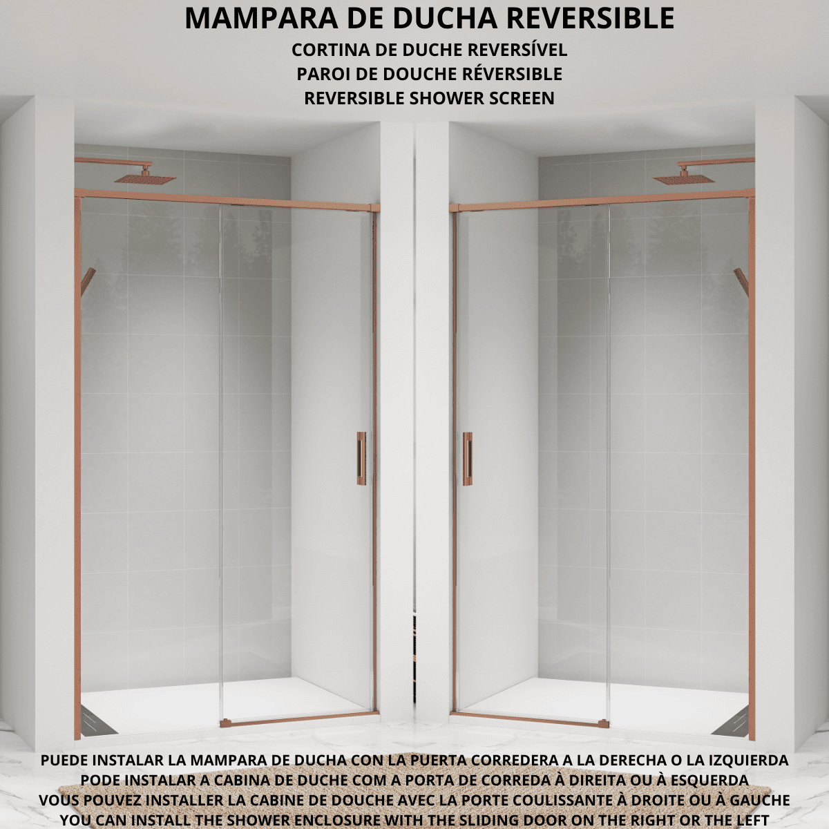 Vallance Mampara Ducha Frontal 1 puerta 1 fijo Corredera | Vidrio Templado 6mm Antical Transparente | Perfil Cobre