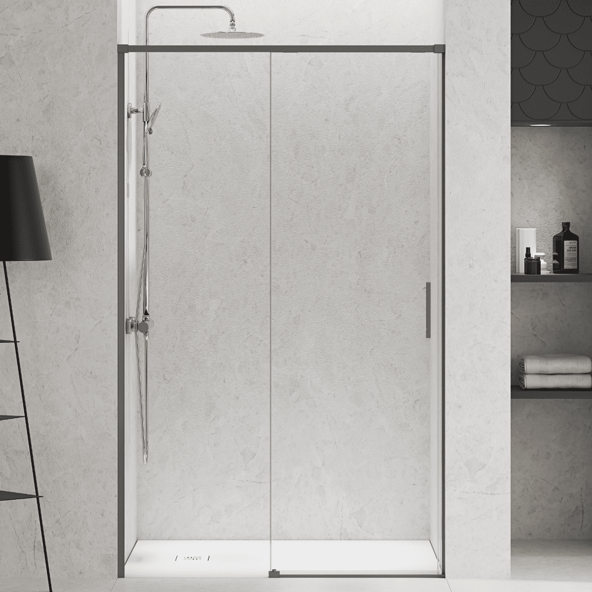 Vallance Mampara Ducha Frontal 1 puerta 1 fijo Corredera | Vidrio Templado 6mm Antical Transparente | Perfil Gun Metal