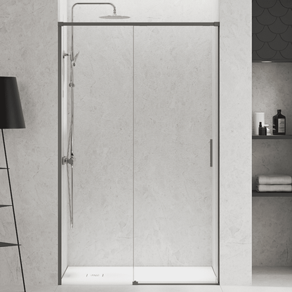 Vallance Mampara Ducha Frontal 1 puerta 1 fijo Corredera | Vidrio Templado 6mm Antical Transparente | Perfil Gun Metal