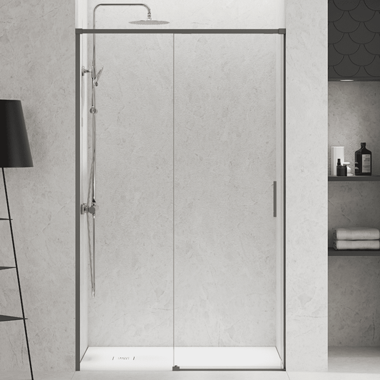 Vallance Mampara Ducha Frontal 1 puerta 1 fijo Corredera | Vidrio Templado 6mm Antical Transparente | Perfil Gun Metal