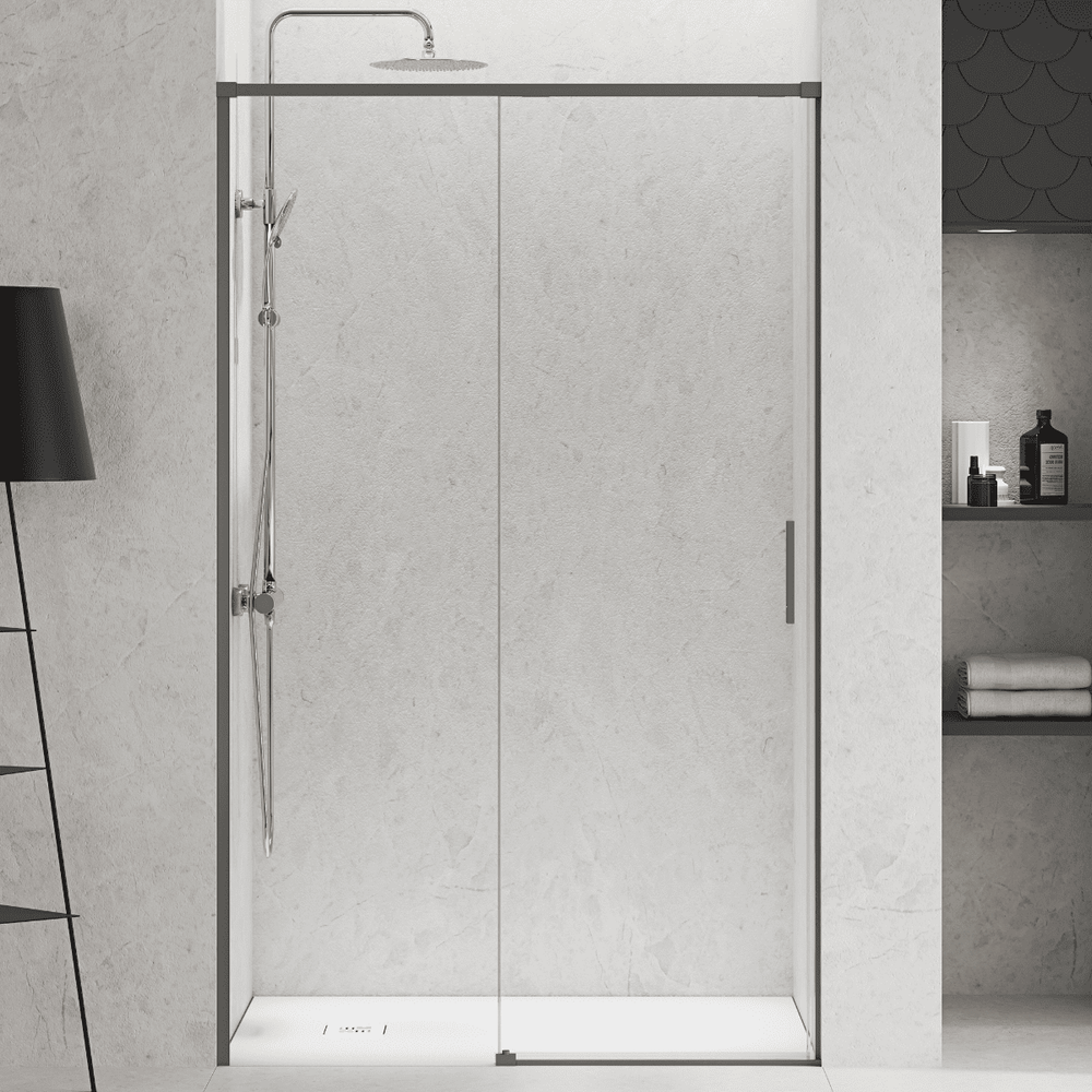 Vallance Mampara Ducha Frontal 1 puerta 1 fijo Corredera | Vidrio Templado 6mm Antical Transparente | Perfil Gun Metal - 