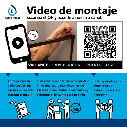 Vallance Mampara Ducha Frontal 1 puerta 1 fijo Corredera | Vidrio Templado 6mm Antical Transparente | Perfil Blanco