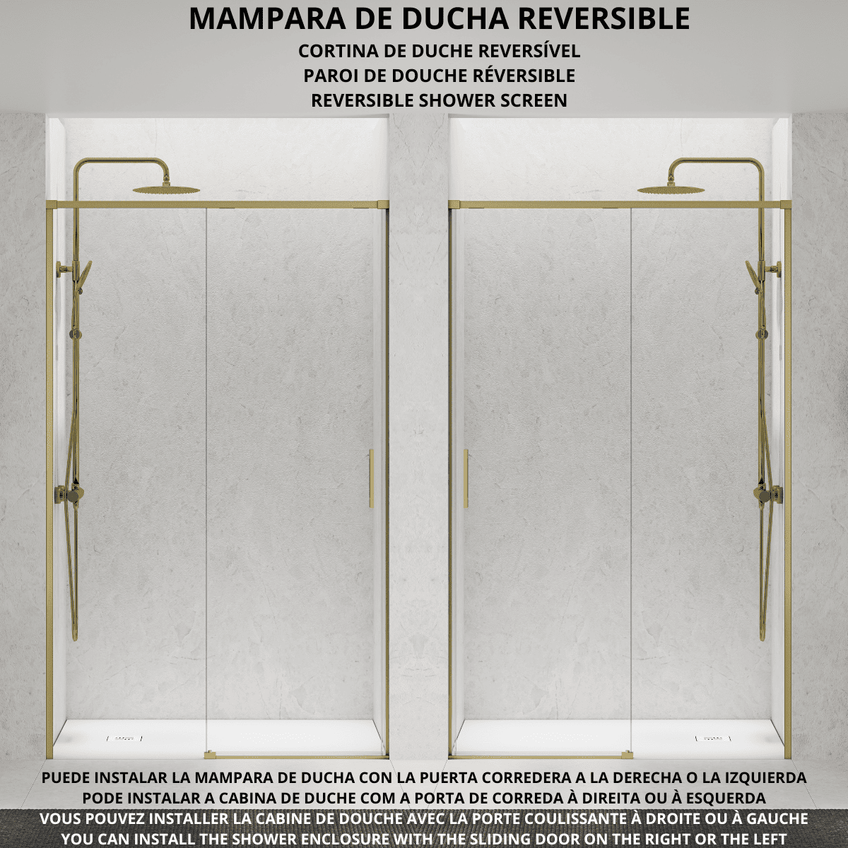 Vallance Mampara Ducha Frontal 1 puerta 1 fijo Corredera | Vidrio Templado 6mm Antical Transparente | Perfil Oro Mate
