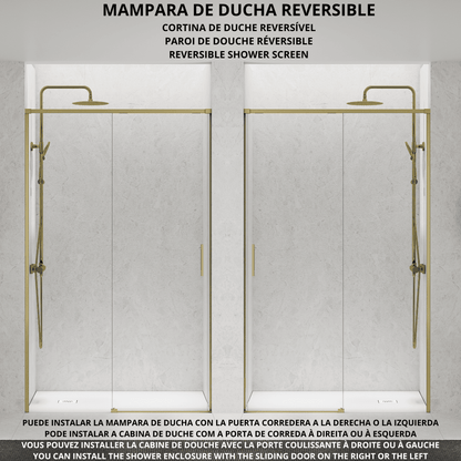 Vallance Mampara Ducha Frontal 1 puerta 1 fijo Corredera | Vidrio Templado 6mm Antical Transparente | Perfil Oro Mate