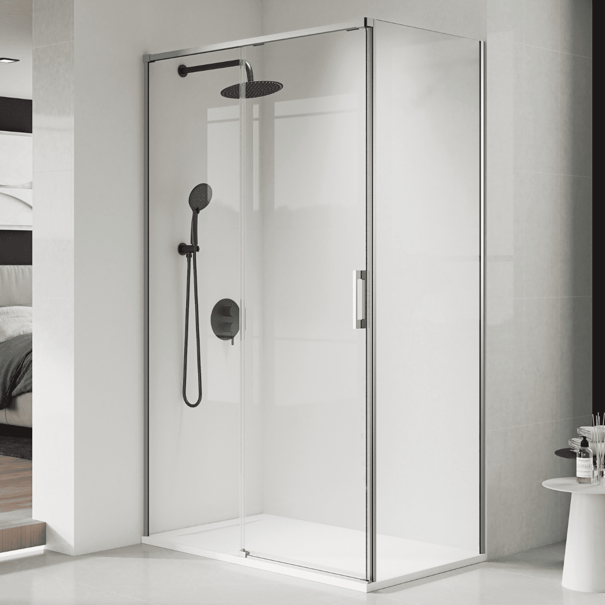 Vallance Rectangular Sliding Front-Entry Shower Enclosure | 6 mm Transparent Anti-Limescale Tempered Glass | Brushed Steel Profile