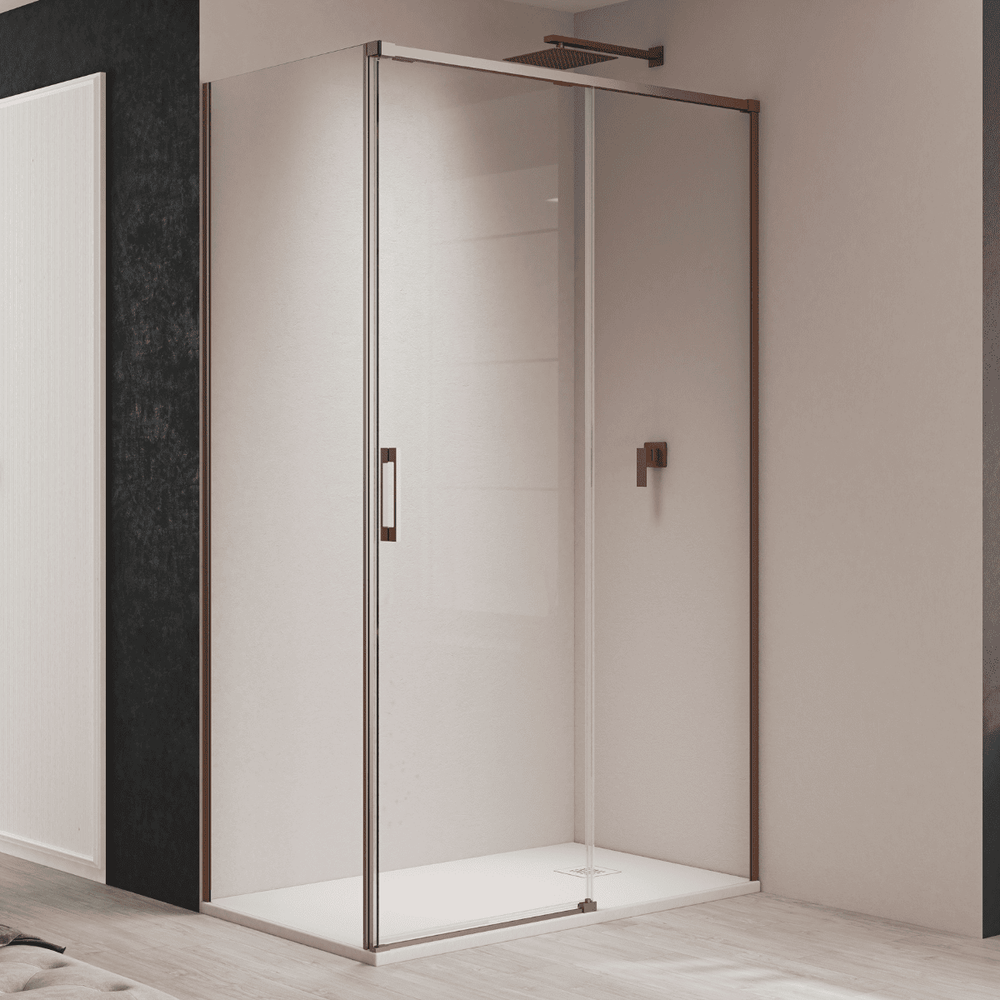 Paroi de douche rectangulaire coulissante Vallance à accès frontal | Verre trempé 6 mm anti-calcaire transparent | Profilé cuivre - 