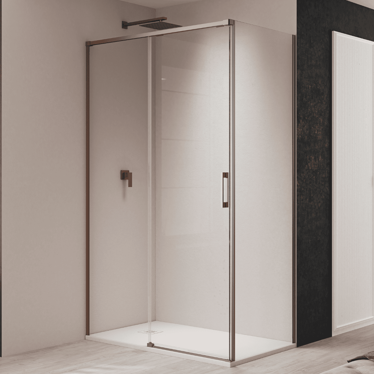 Paroi de douche rectangulaire coulissante Vallance à accès frontal | Verre trempé 6 mm anti-calcaire transparent | Profilé cuivre