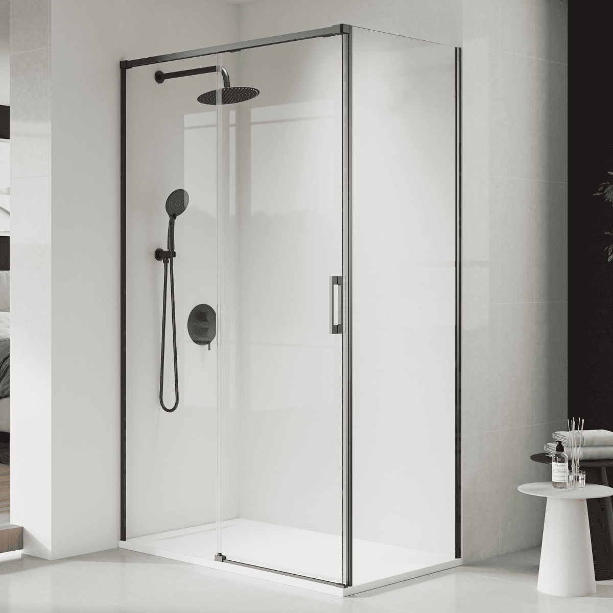 Vallance Rectangular Sliding Front-Entry Shower Enclosure | 6 mm Transparent Anti-Limescale Tempered Glass | Gunmetal Profile