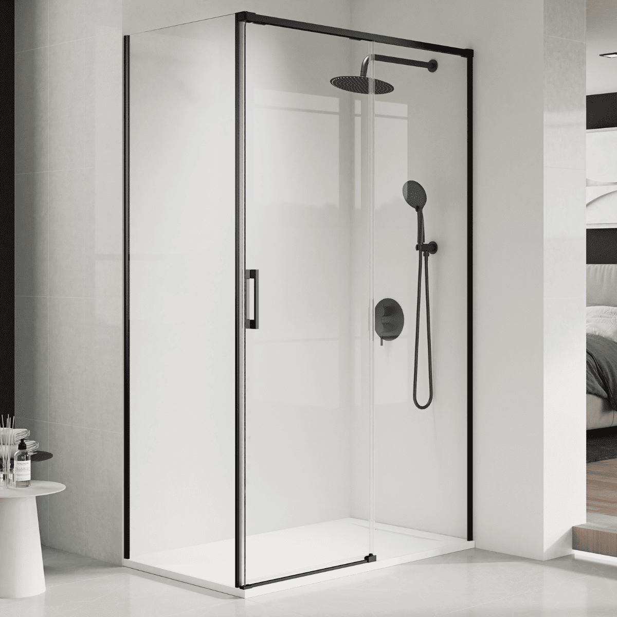 Vallance Paroi de douche rectangulaire coulissante à accès frontal | Verre trempé 6 mm anti-calcaire transparent | Profilé noir