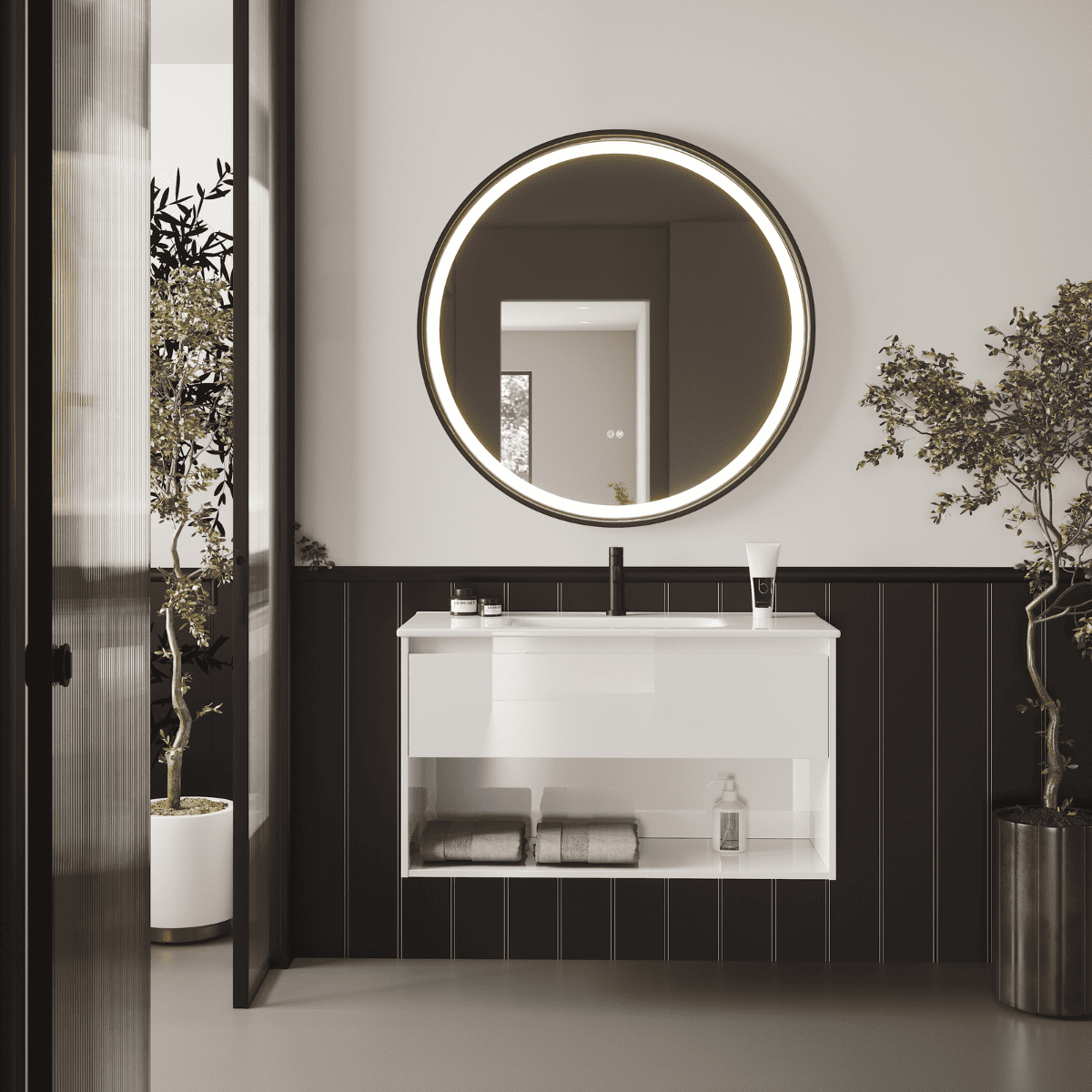 Mueble de Baño Suspendido con Lavabo Cerámico modelo Veloz| Mueble Volado 1 Cajón y 1 Hueco| Blanco Brillo