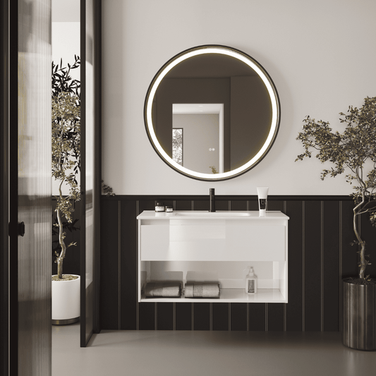 Mueble de Baño Suspendido con Lavabo Cerámico modelo Veloz| Mueble Volado 1 Cajón y 1 Hueco| Blanco Brillo