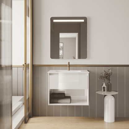 Mueble de Baño Suspendido con Lavabo Cerámico modelo Veloz| Mueble Volado 1 Cajón y 1 Hueco| Blanco Brillo
