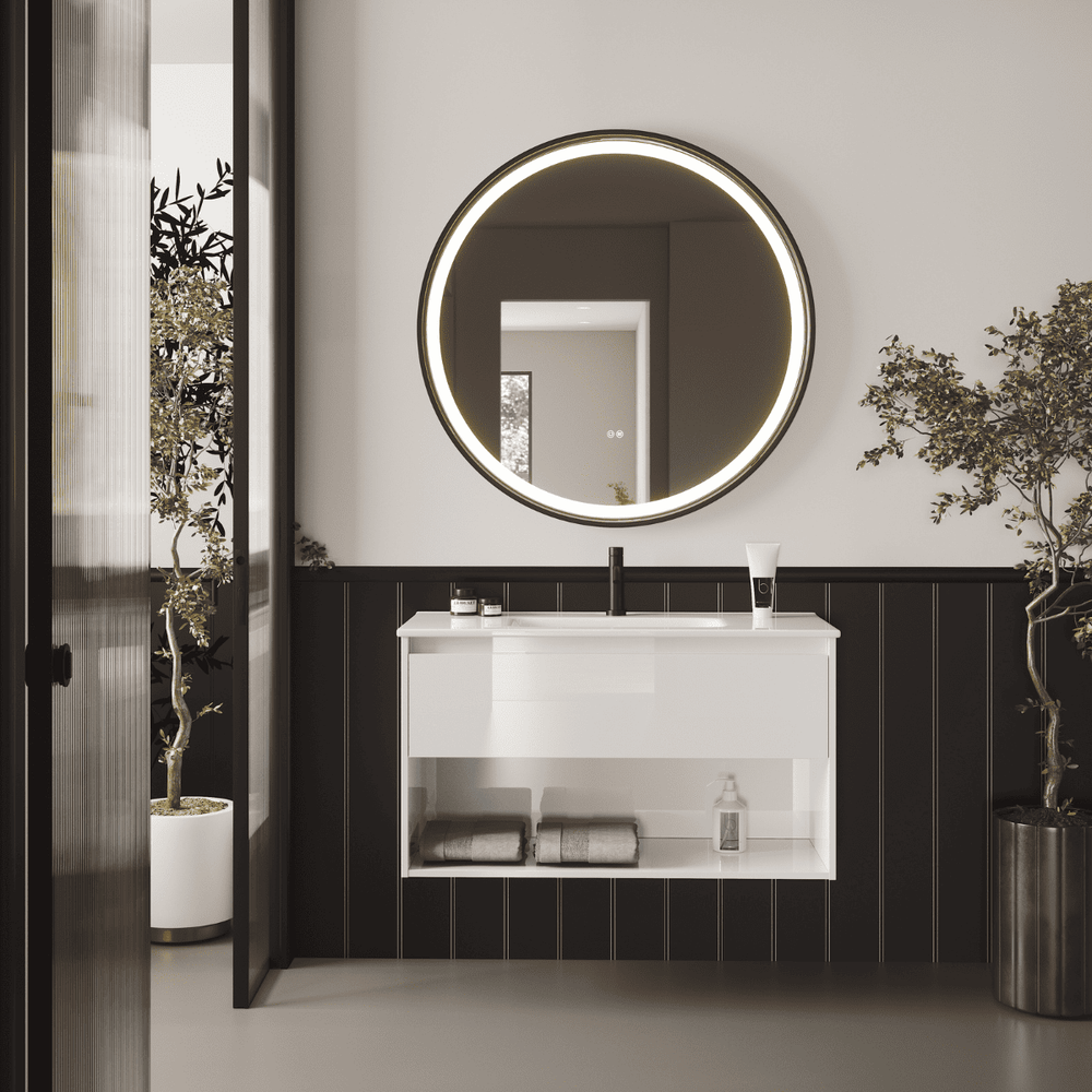 Mueble de Baño Suspendido con Lavabo Cerámico modelo Veloz| Mueble Volado 1 Cajón y 1 Hueco| Blanco Brillo - 