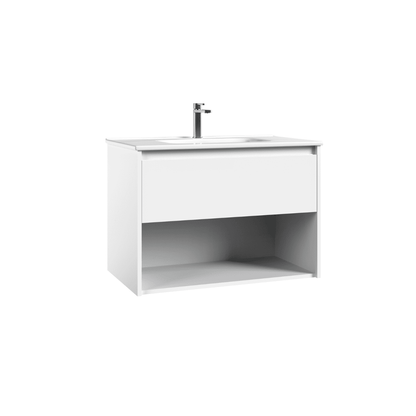 Mueble de Baño Suspendido con Lavabo Cerámico modelo Veloz| Mueble Volado 1 Cajón y 1 Hueco| Blanco Brillo